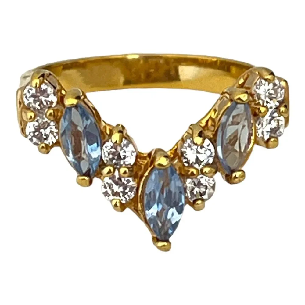 Vintage 1970s Blue Topaz Crystal Ring CZ Accents Gold Plate Size 6 NOS - 5V